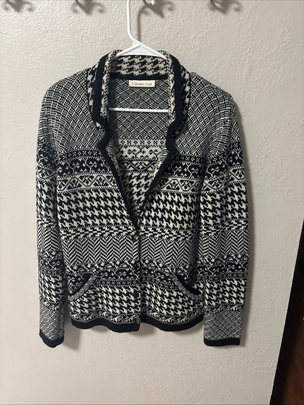 Coldwater Creek Black and White Geometric Open Front Cardigan PM